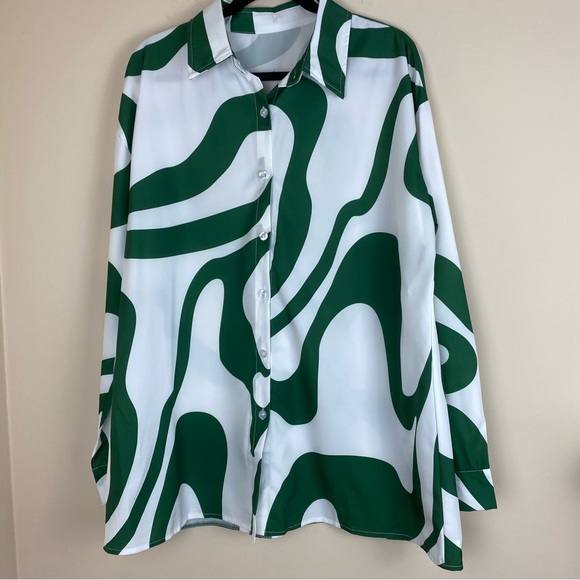 NWOT 2 piece Fashin Set Green white button down top w/ wide leg pants MED/LARGE - Picture 5 of 10